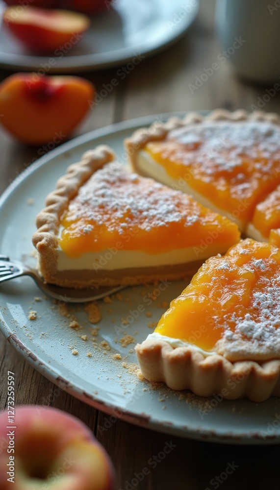 Poster Layered citrus pie with vibrant fruit topping served on a rustic table accompanied by fresh fruits