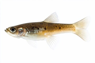 Fototapeta premium Close-up of a small, brown fish with translucent fins isolated on a white background.