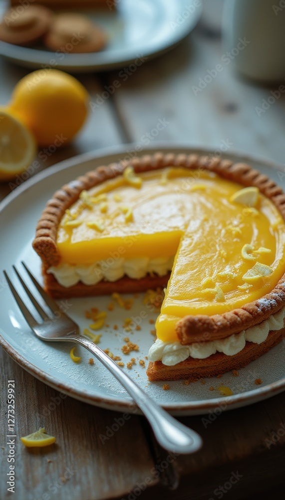 Aufkleber Exquisite layered lemon pie with creamy filling and citrus zest on a rustic table setting