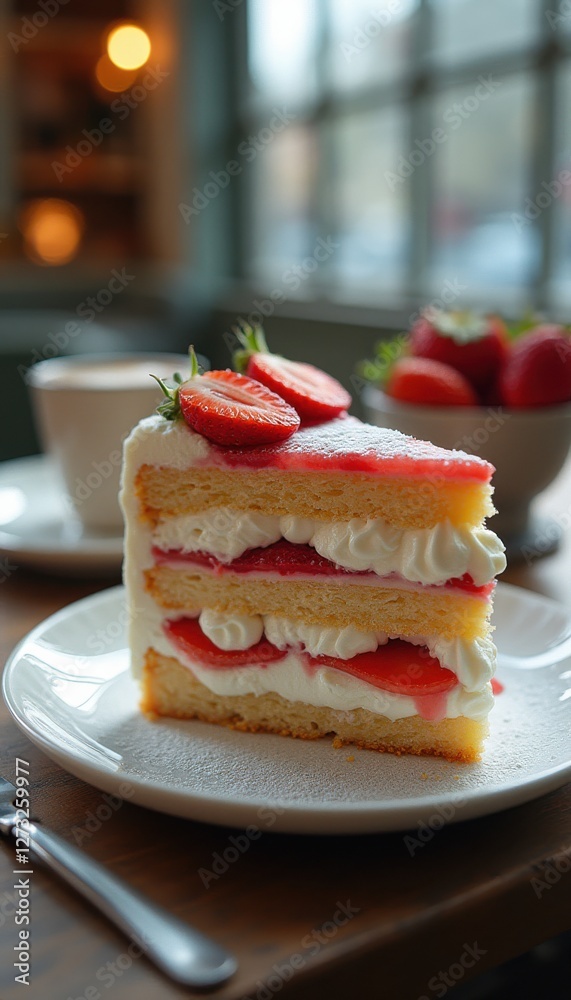 Poster layered cake with strawberries and cream served in a cozy setting