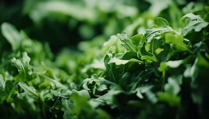 Close-up of fresh, vibrant green arugula leaves.