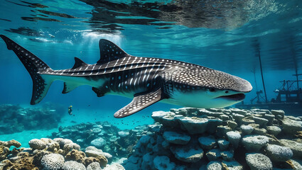 Underwater Scene with Whale Shark and Damaged Coral Reef – Depicting Habitat Loss and the Impact of Human Activities on Marine Life, Featuring Bleached Coral and Deteriorating Ecosystem