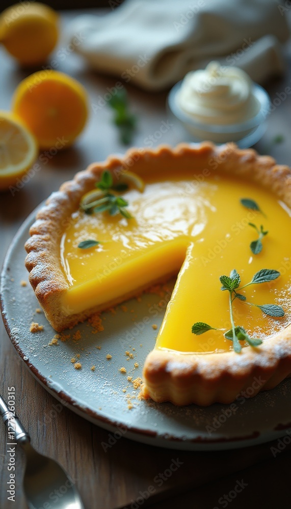 Poster delightful lemon tart garnished with herbs and fresh citrus on a rustic table setting