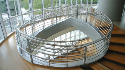 A curved aluminum handrail following the contour of a modern stairway, emphasizing sleek design