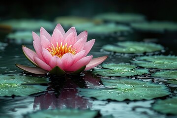 A Pink Water Lily Blooms Serenely On Calm Water