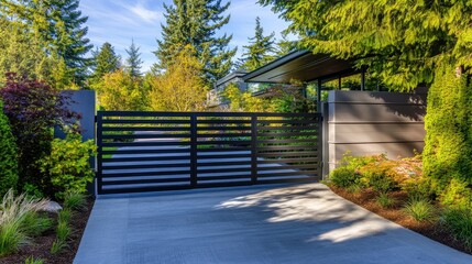 A double-leaf aluminum gate opening to reveal a modern driveway with smooth pavement