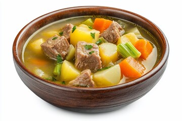 A rustic bowl of hearty beef stew with potatoes, carrots, and celery, steaming hot.