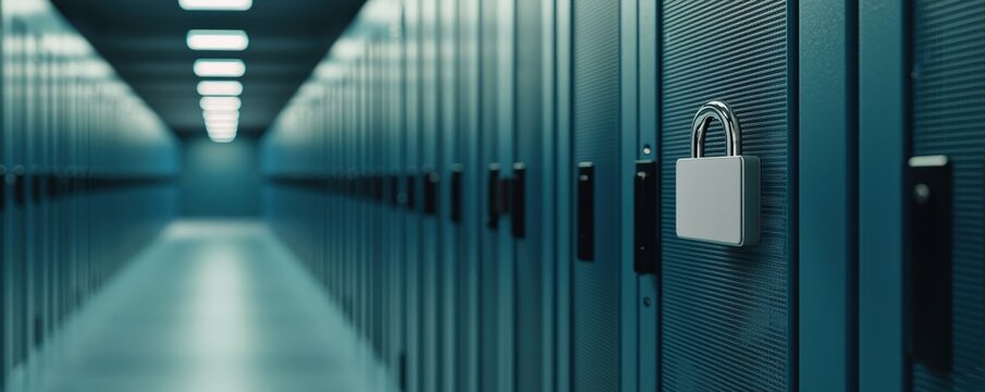 cyber security ransomware prevention concept. Secure server room with a padlock on a data cabinet.