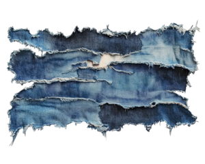 Frayed denim fabric with rugged edges, showcasing worn out texture and unique patches. Perfect for fashion or textile design projects