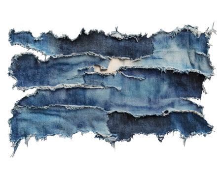 Frayed denim fabric with rugged edges, showcasing worn out texture and unique patches. Perfect for fashion or textile design projects