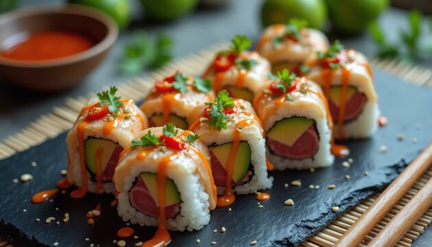 Deliciously crafted fus rolls with vibrant toppings arranged on a black slate plate