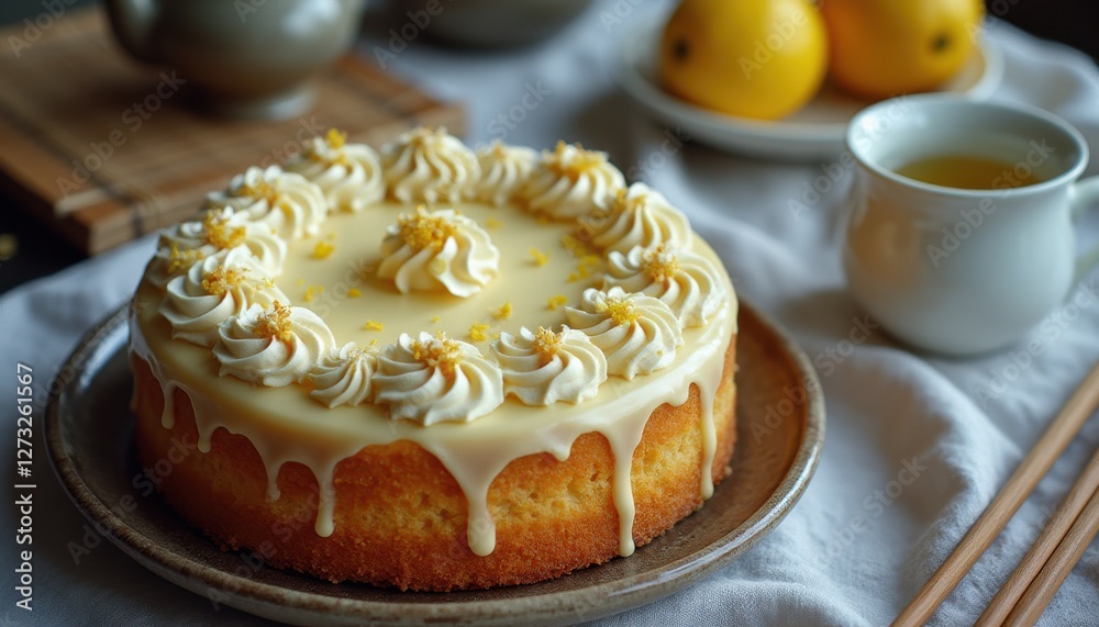 Poster Lemon cake with creamy frosting placed on a rustic table alongside fresh lemons and tea