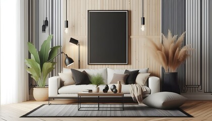 Interior poster mockup with vertical black frame in home interior background.