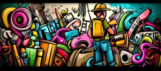 Obraz premium Colorful doodle art illustration of a person surrounded by various objects.