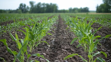 Young corn plants growing in rows in a field.