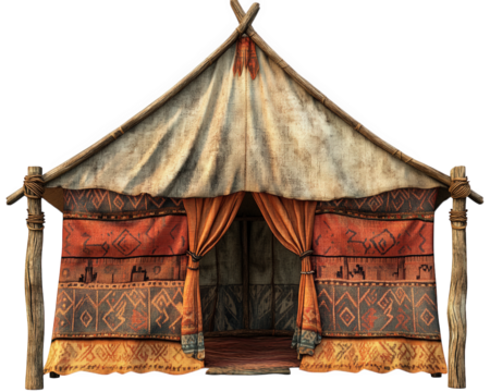tribal style tent featuring handwoven details and wooden supports, showcasing intricate patterns and warm colors. This unique structure evokes sense of cultural heritage and craftsmanship