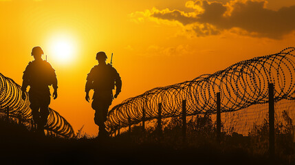Two soldiers patrolling near fencing on border area to stop illegal immigrants, smuggling and other threats to country.