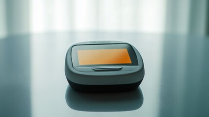 A glucose meter displaying a blood sugar reading with a test strip inserted. Featuring diabetes care and monitoring