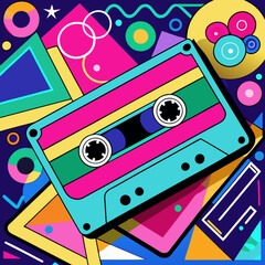 Retro Music Vibes Colorful Cassette Tape Digital Artwork Abstract Background Vibrant Design Artistic Perspective