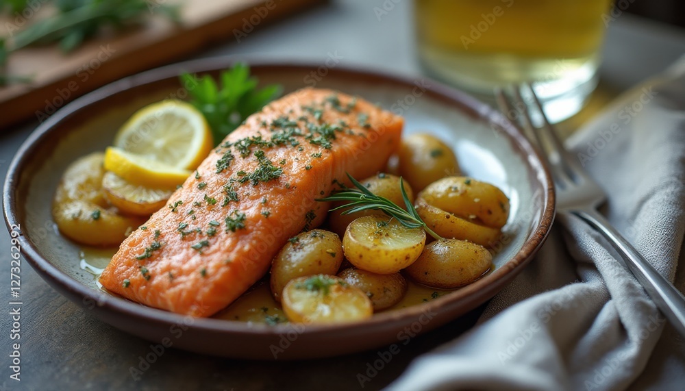 Poster deliciously prepared salmon with roasted potatoes and lemon garnish on a rustic plate served in a co