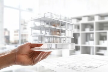 Hand holding architectural model, showcasing building design and construction details.
