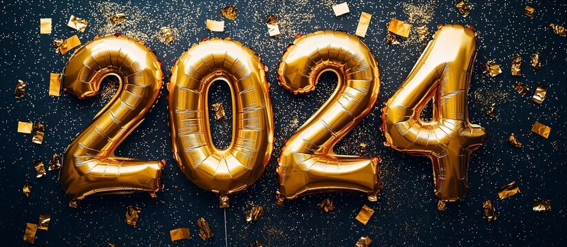 Gold 2024 balloons on dark background with confetti. (2)