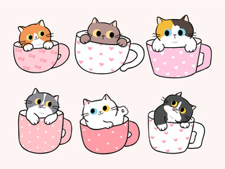 Vector Illustration of Cute Cartoon Cat in Cup Design on Isolated Background. Hand Drawn Vector Illustration.  © Supannee