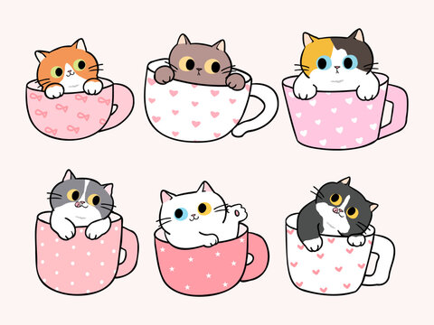 Vector Illustration of Cute Cartoon Cat in Cup Design on Isolated Background. Hand Drawn Vector Illustration. 