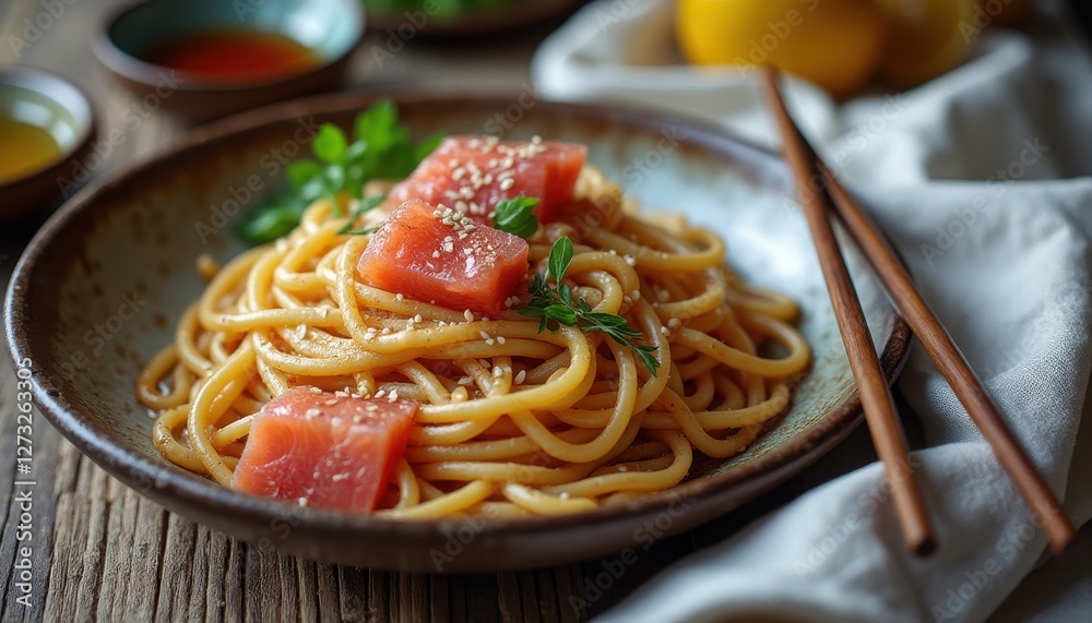 Poster delicious spaghetti with fresh salmon and sesame served in a rustic setting on a wooden table