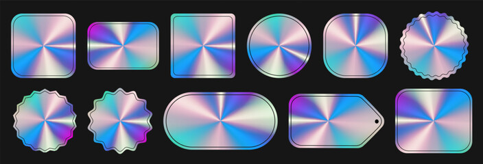 Labels with holographic Neon effect. Holographic purple Stickers set. Copy space. Shiny rainbow emblems. Isolated Vector template