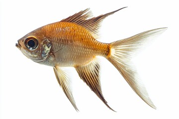 Golden-orange fish isolated on white background, showcasing its detailed fins and scales.