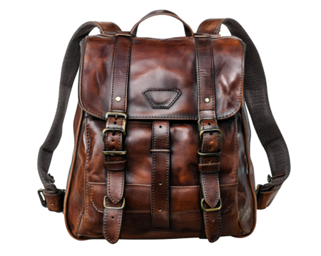 Classic leather backpack with vintage buckles, showcasing timeless design. Perfect for everyday use, this durable bag combines style and functionality for modern adventurers