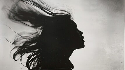 Fototapeta premium A blurred black and white photograph of the silhouette of an Asian woman with long hair, standing in front of a plain background