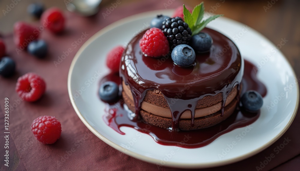 Poster Indulging in a decadent chocolate cake topped with fresh berries on a rustic wooden table