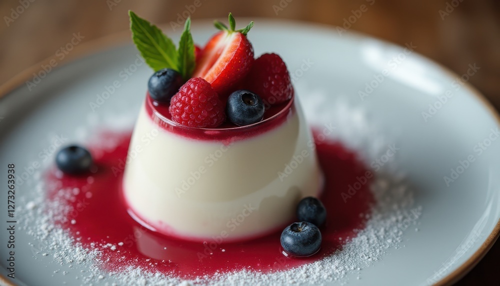 Poster delicate panna cotta adorned with fresh berries and vibrant berry sauce in a rustic setting