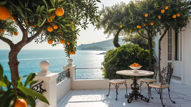 beautiful terrace in italy with orange trees, sunny summer day

