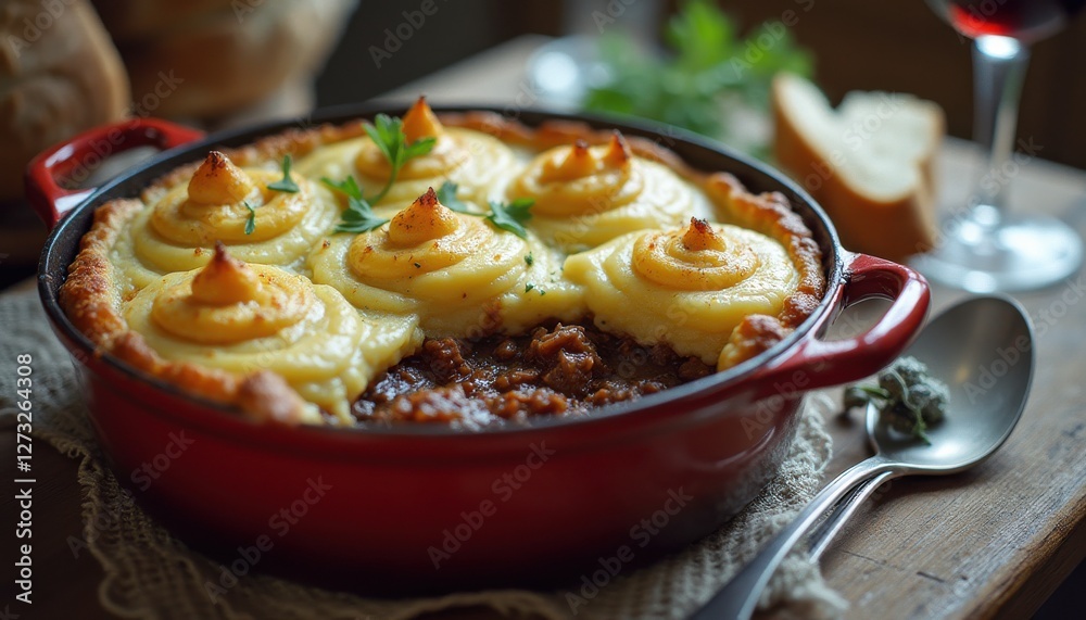 Poster rustic shepherd's pie served in a cast iron dish with a glass of red wine beside it on a wooden tabl