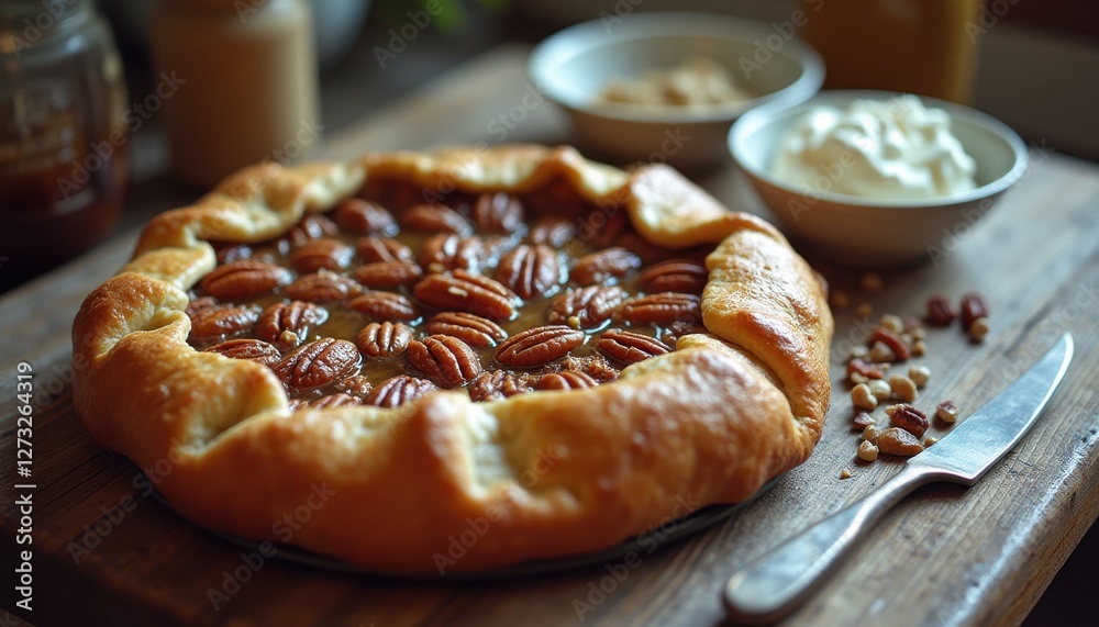 Poster rustic pecan tart garnished with cream and nuts on a wooden table