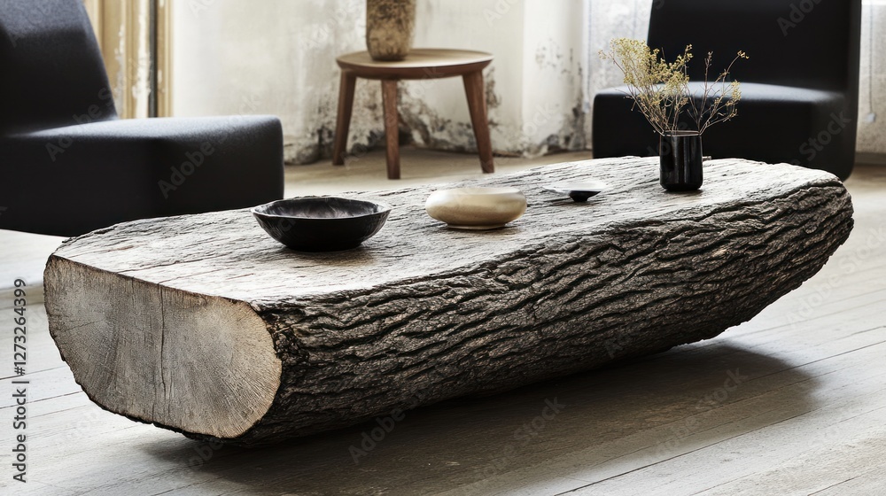 Aufkleber large raw tree trunk utilized as a contemporary coffee table