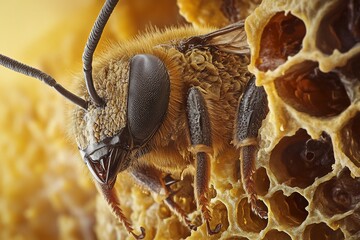 Close-up of a bee on honeycomb.