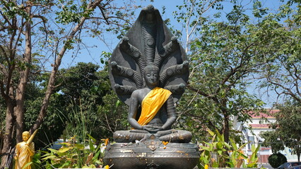 Beautiful meditating statue of Buddha adorned with a yellow cloth draped over one shoulder with a...