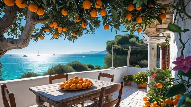 beautiful terrace in italy with orange trees, sunny summer day

