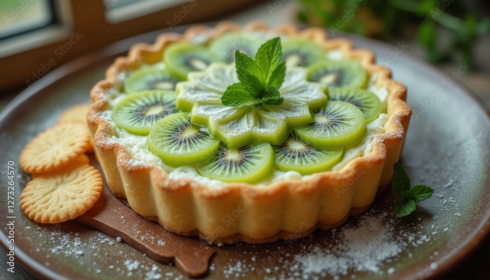 Poster refreshing kiwi tart garnished with mint and served with cookies on a rustic wooden table
