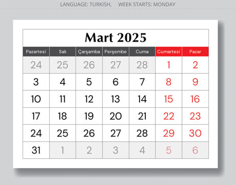 Page with shadow of Turkish calendar for march 2025 - mart. Vector illustration for month for Turkey