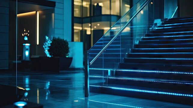 A futuristic home entrance with aluminum railings leading up a modern staircase