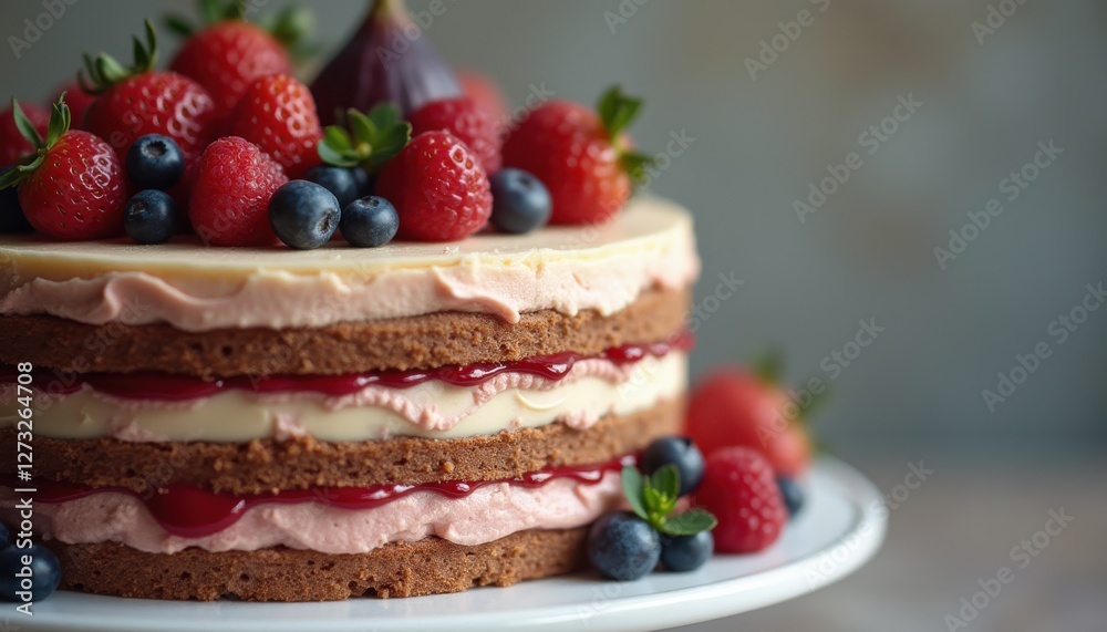 Poster moist layer cake topped with fresh berries and figs on a decorative plate in soft natural light