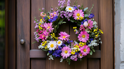 Naklejka premium Close Up Shot of Multicolored Floral Wreath Hanging on a Dark Brown Wooden Door