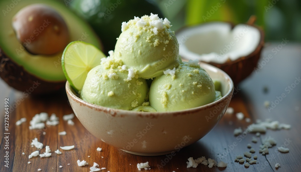 Aufkleber scoop of creamy avocado dessert with lime and coconut served in a rustic bowl on a wooden table