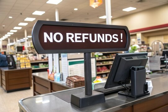 No refund sign at store checkout counter. Retail policy
