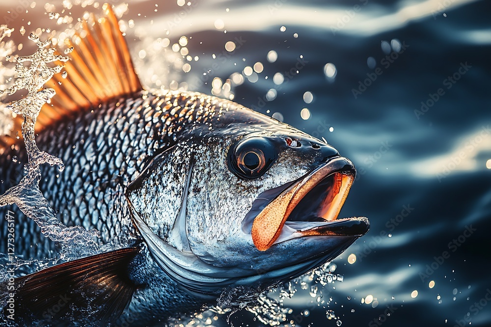 Poster Dynamic action shot of a fish breaking the surface water with a stunning splash in the ocean : Generative AI